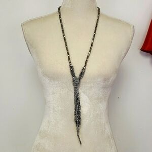 SILVER Color Beaded Tassel Necklace 22" EUC
